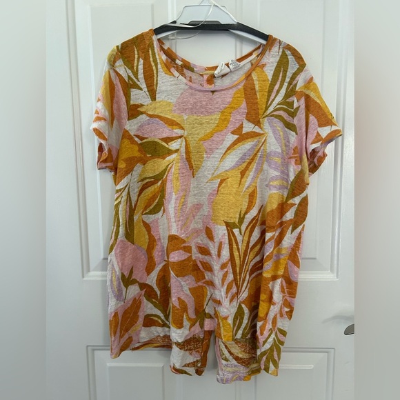 C&C California Women’s Tropical Orange and Pink Print 100% Linen T Shirt Size 1X - Picture 2 of 8